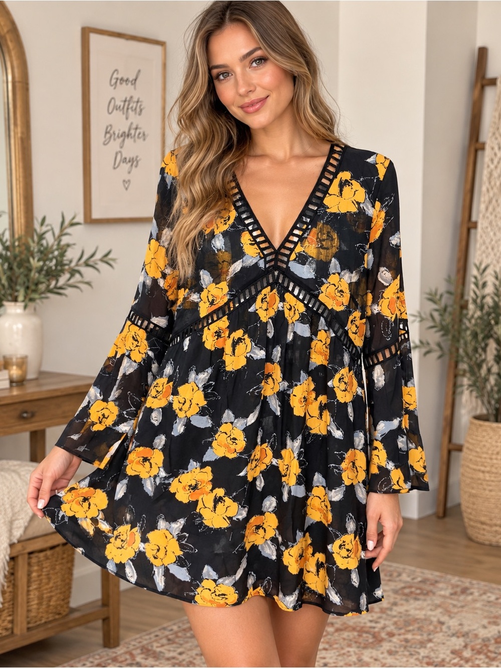 entro Black & Yellow Floral V-Neck Swing Dress